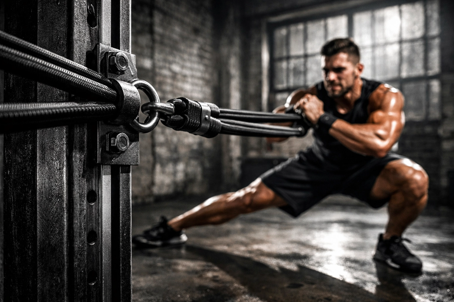 Serious athlete performing lunges using high-grade resistance bands on a vertical gym rail.