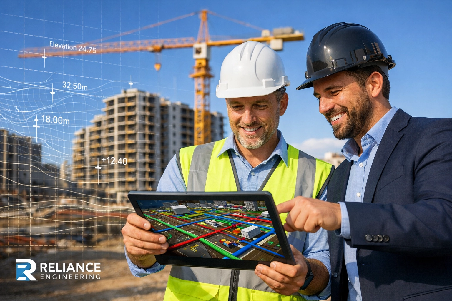 Civil engineer and developer reviewing a site servicing plan on-site for fast Ontario building permit approval.