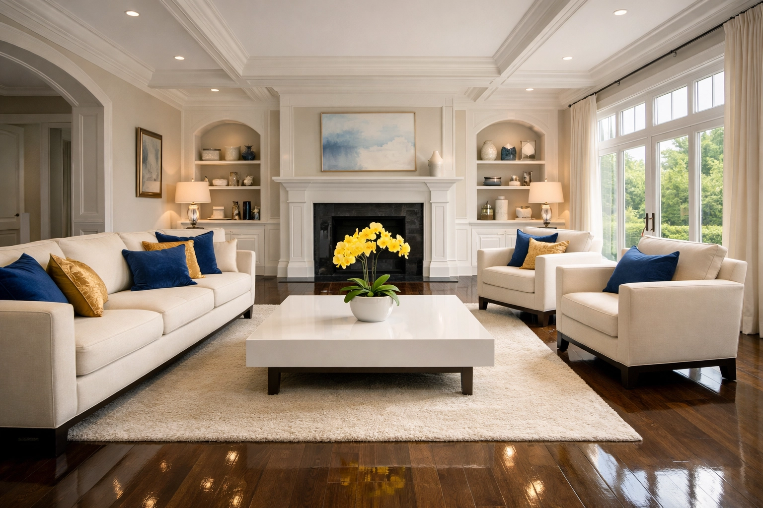 Pristine living room in Andover showing luxury house cleaning results with polished floors and fluffed pillows.