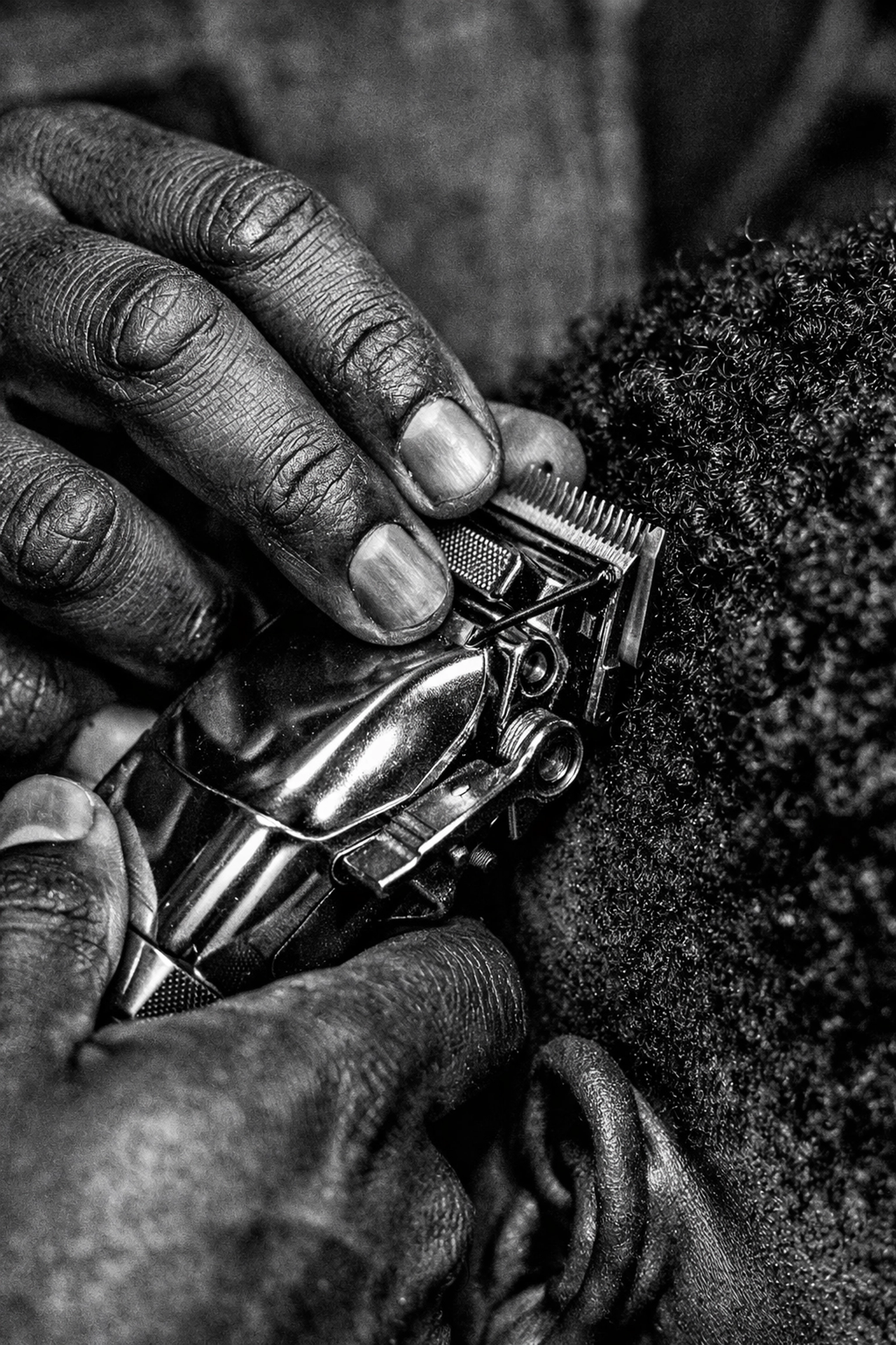 Close-up of multicultural barbering student performing advanced texture training with professional hair clippers.