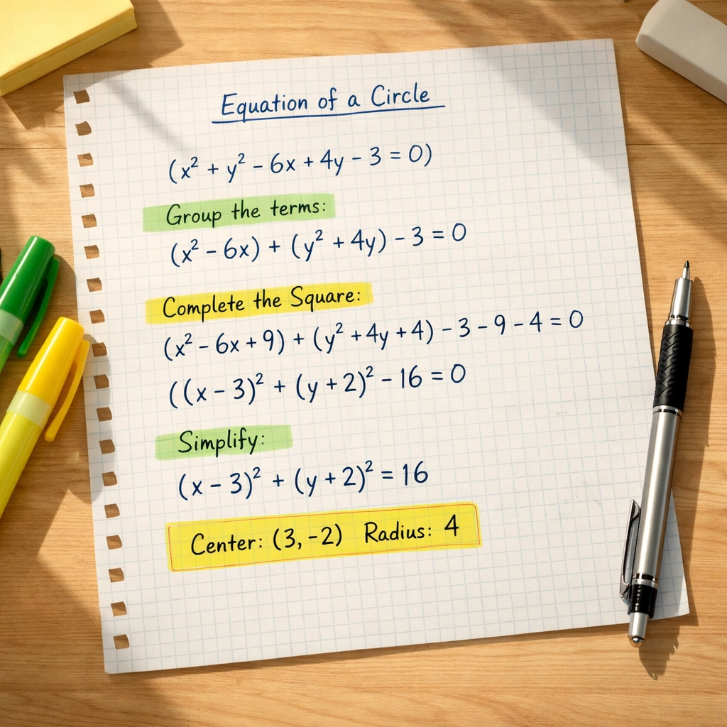 Student workspace showing step-by-step completing the square method for SAT circle equations