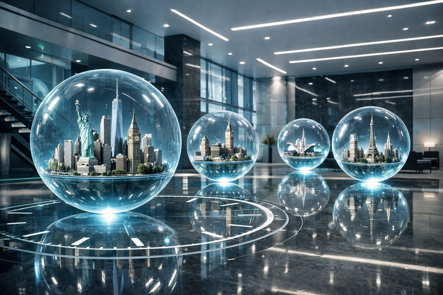 Holographic global clocks in an Uptown Charlotte corporate lobby, illustrating precision time management for travelers.