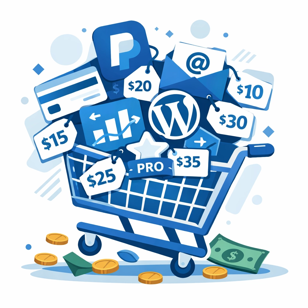 Shopping cart overflowing with expensive website plugins and premium features