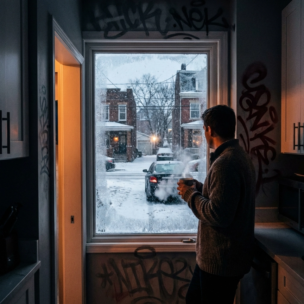 Person starts car remotely from kitchen on snowy Pittsburgh morning, showcasing remote starter convenience and comfort.