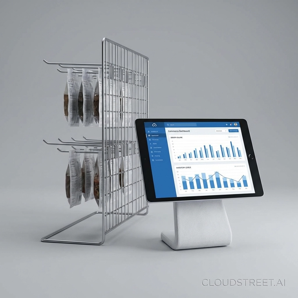 Retail display fixture beside a tablet showing ecommerce metrics, emphasizing improved customer experience for manufacturers using Salesforce