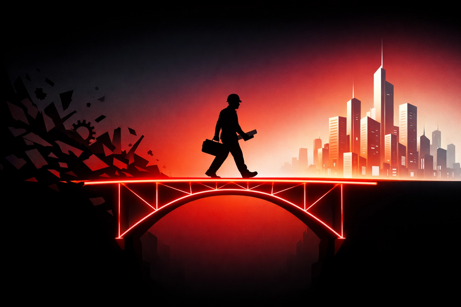 Illustration of a tradesperson crossing a bridge toward a professional and reliable digital presence.