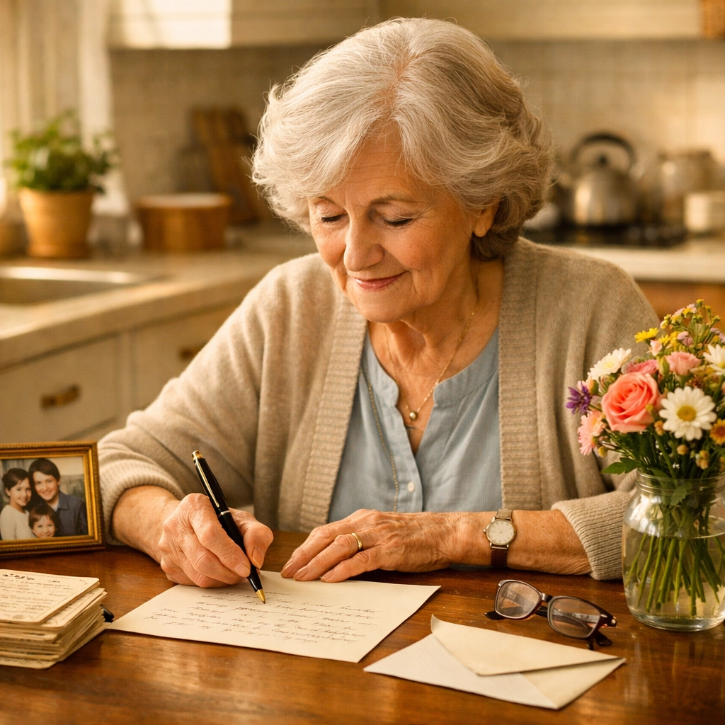 Elderly woman writing thoughtful pen pal letter at home