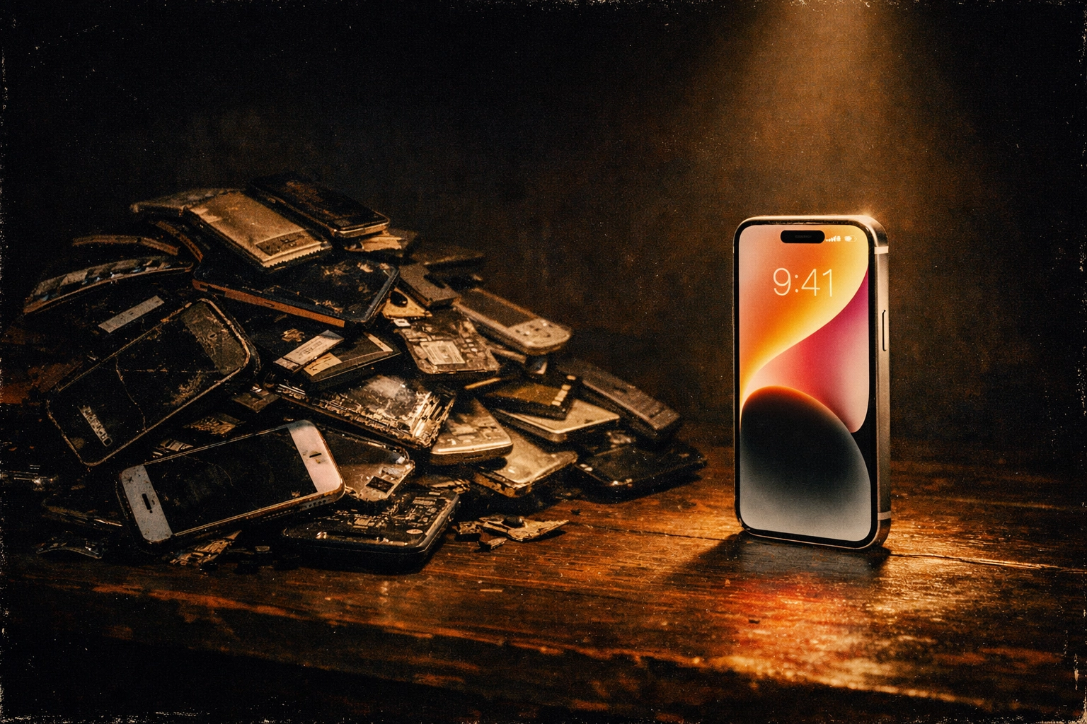 Repaired iPhone contrasted with discarded phones showing repair sustainability benefits