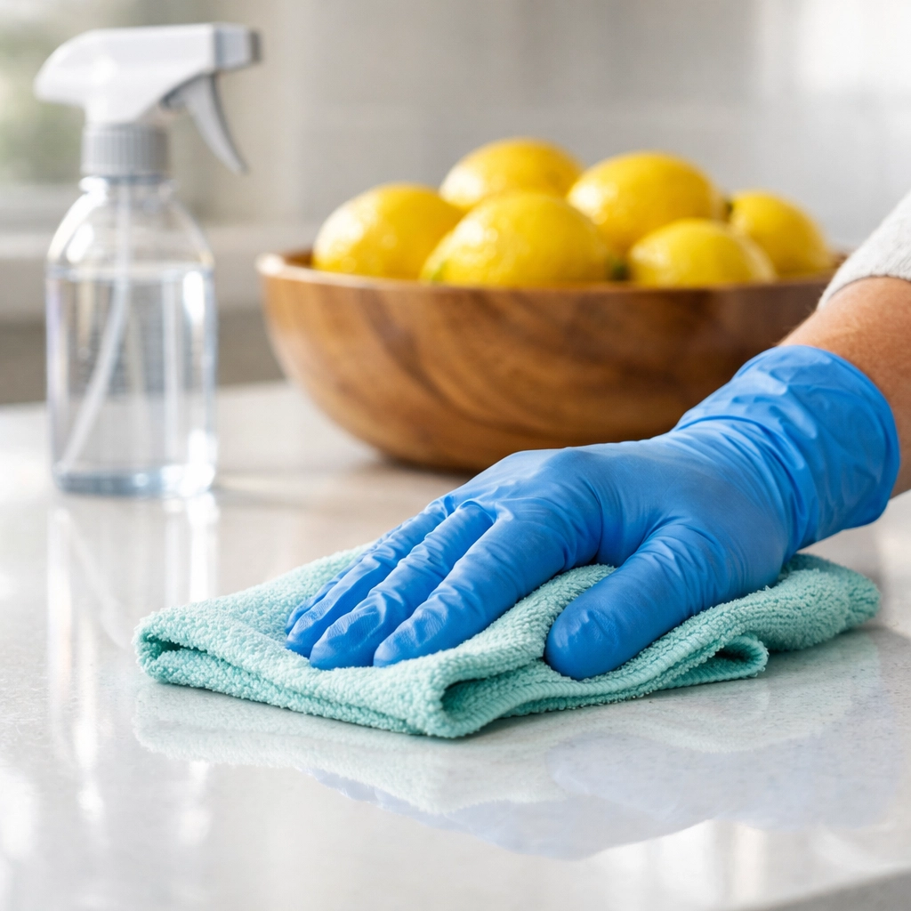 Eco-friendly residential cleaning for a polished Westwood Luxury Living kitchen countertop.
