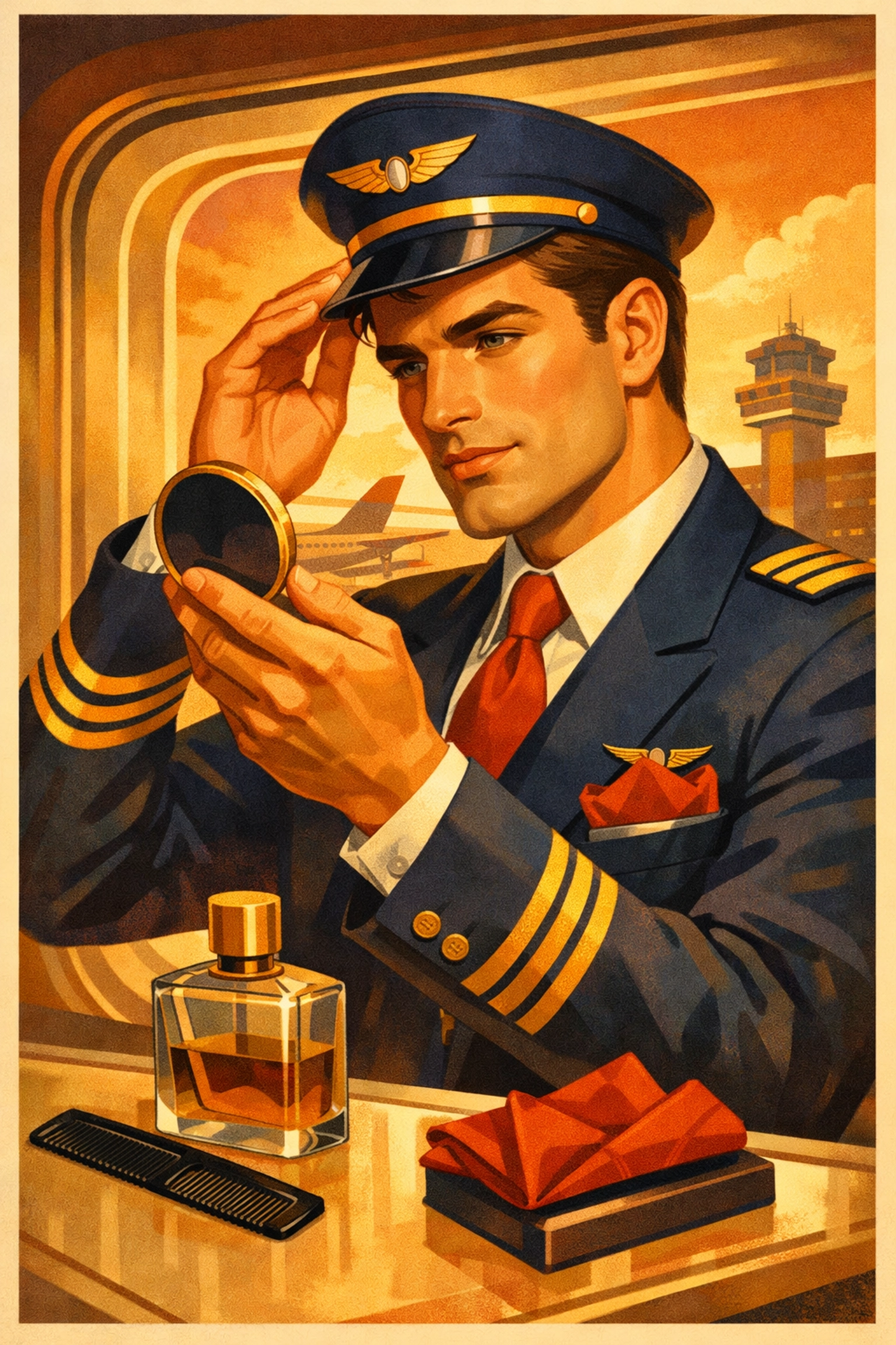 Flight attendant grooming routine from 1980s showing attention to style details and uniform presentation