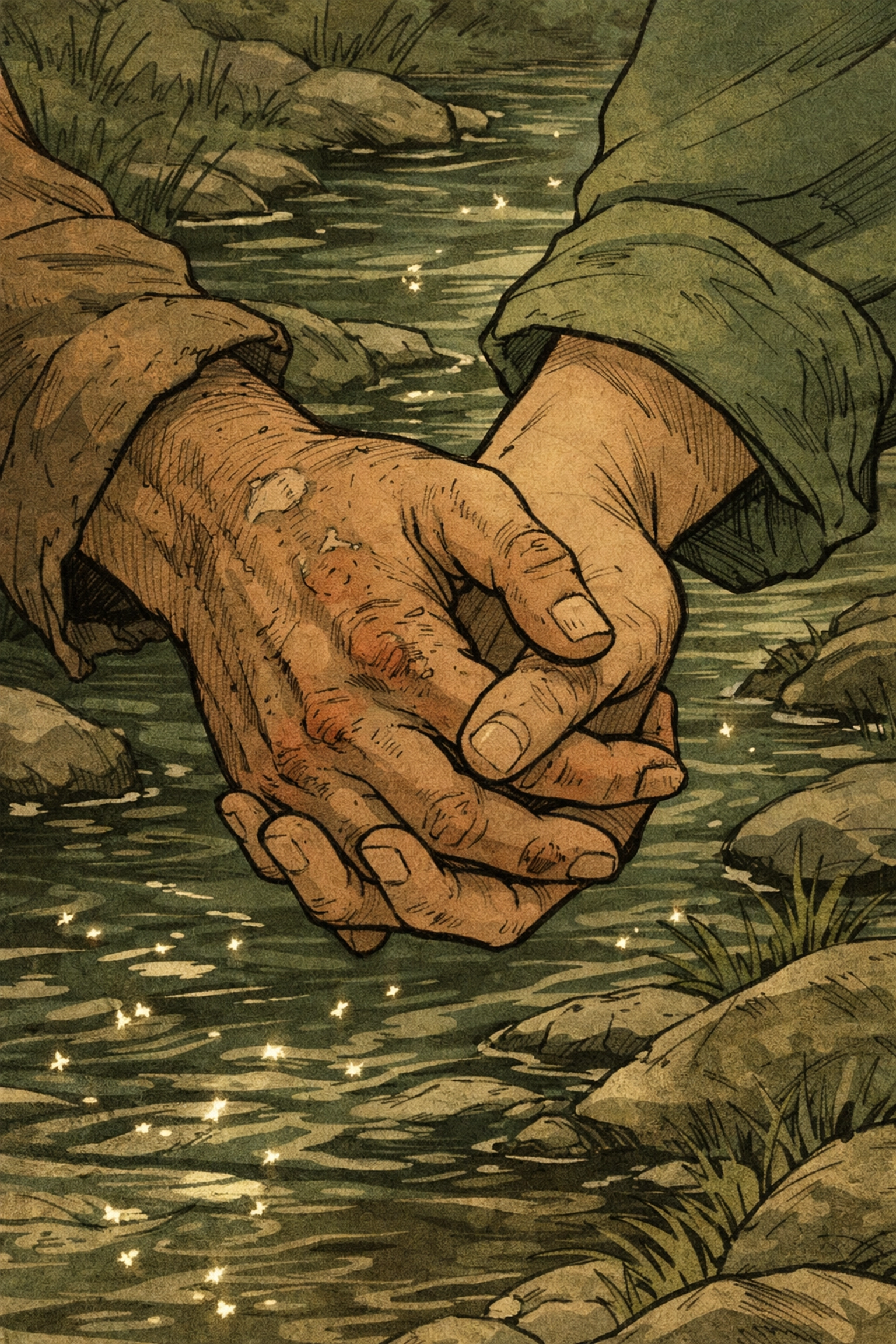 Clasped hands symbolize forbidden connection in MM historical romance by creek