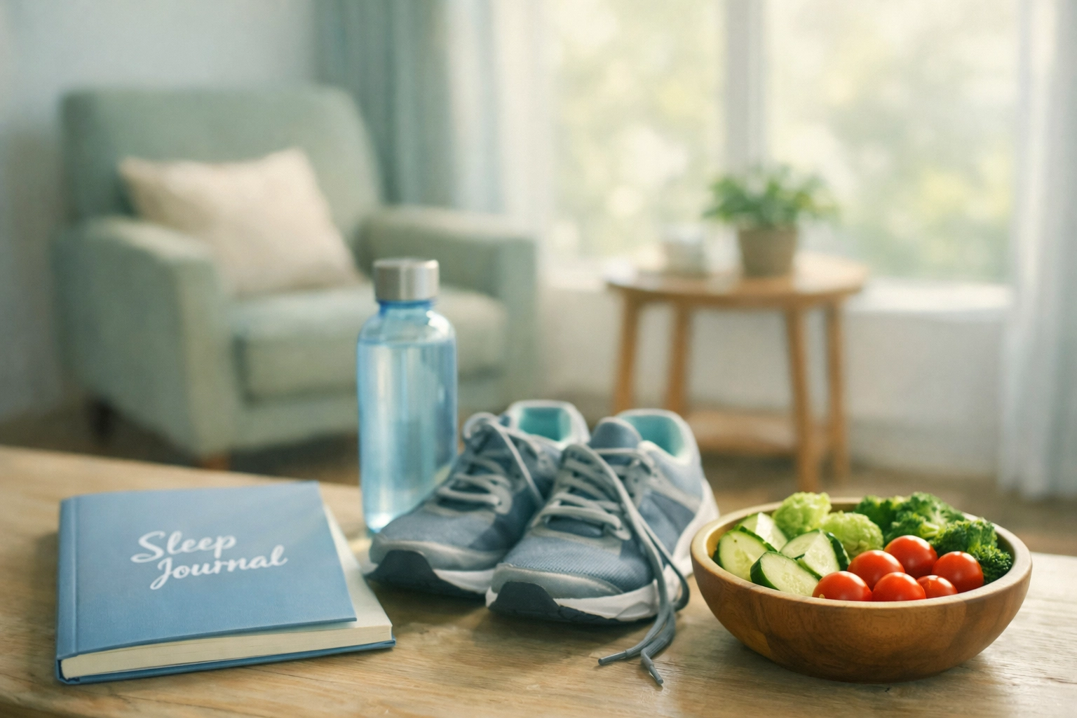 Modern therapy room with wellness items including journal, water bottle, shoes and fresh vegetables for holistic care