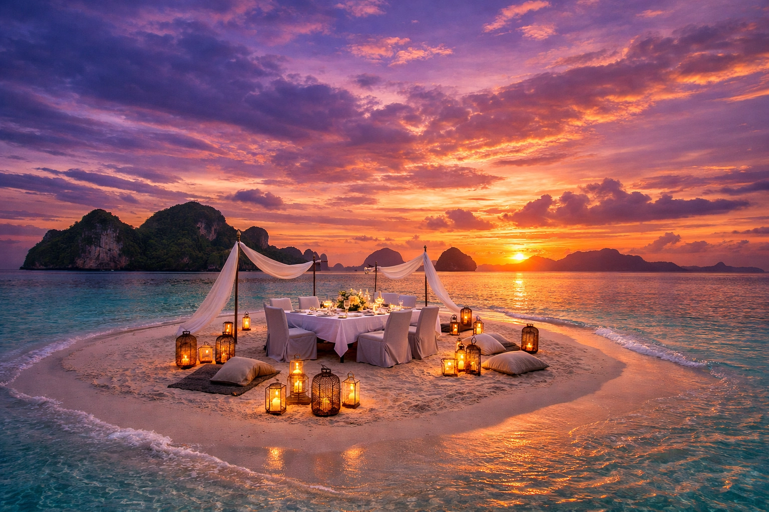 Private luxury sunset dinner on a Thailand sandbank, a perfect example of tailor made travel.