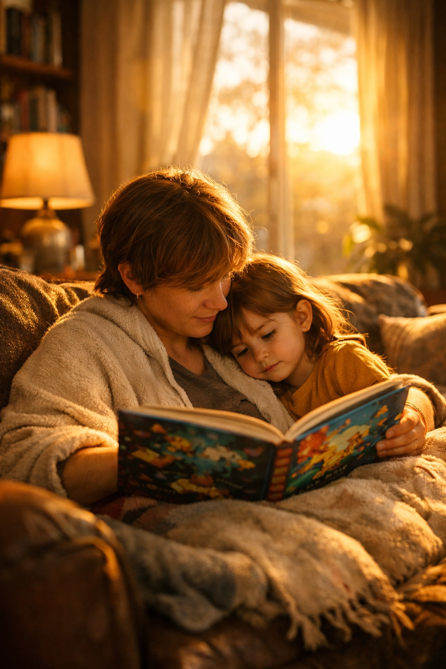 Parent and child reading a book together at home to build literacy skills and preschool readiness.
