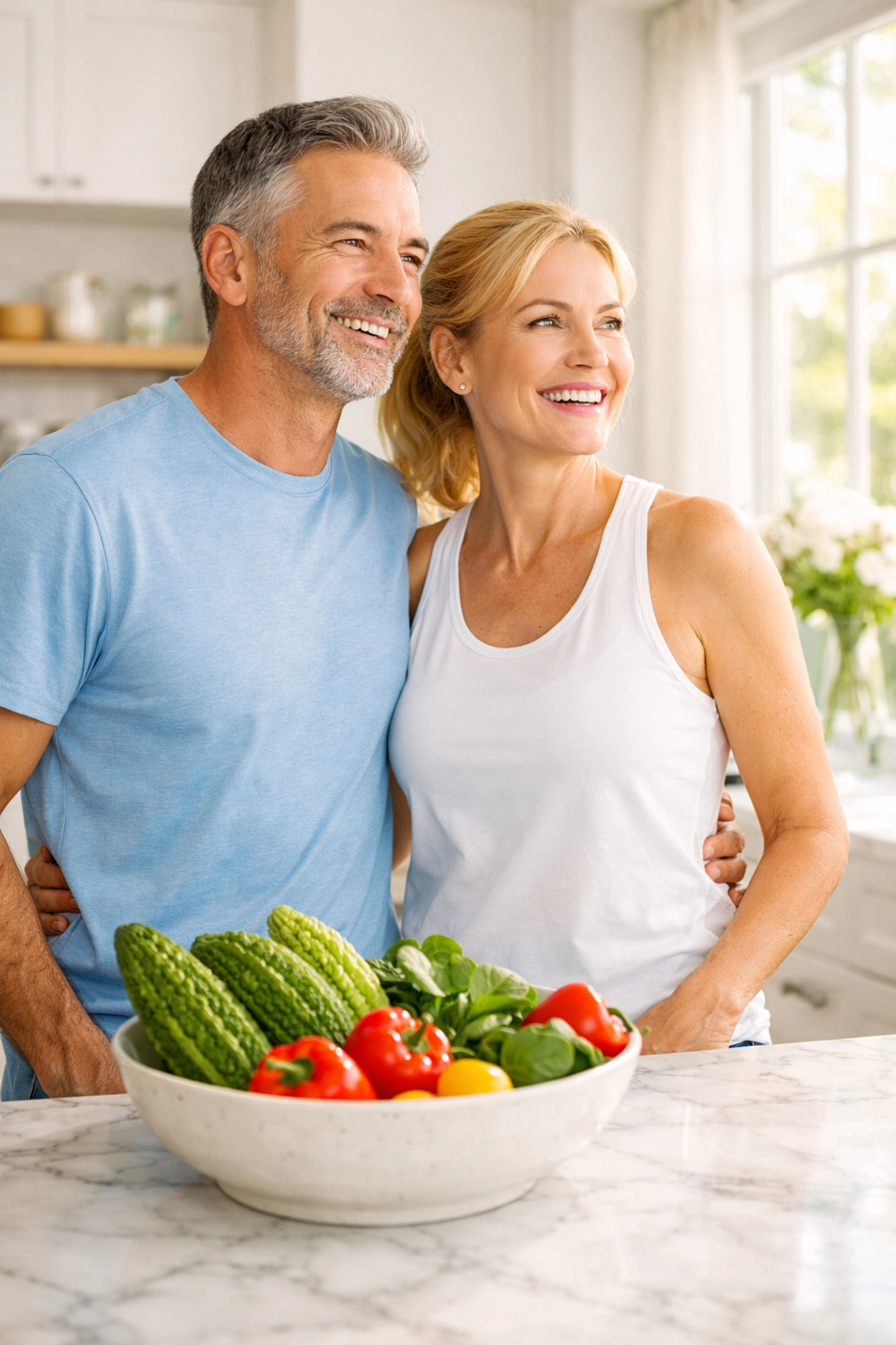Middle-aged couple with fresh vegetables like spinach, supporting eye health and holistic aging.