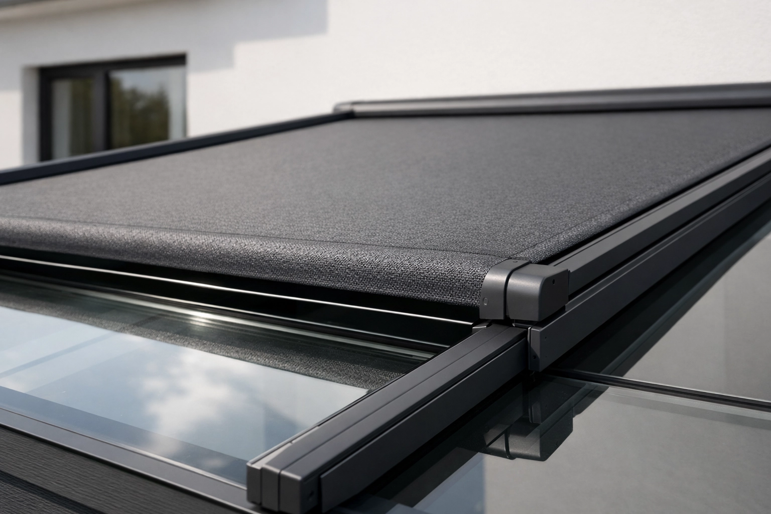 Anthrazitfarbene Aufdachmarkise auf einem Glasdach für effektiven Hitzeschutz.