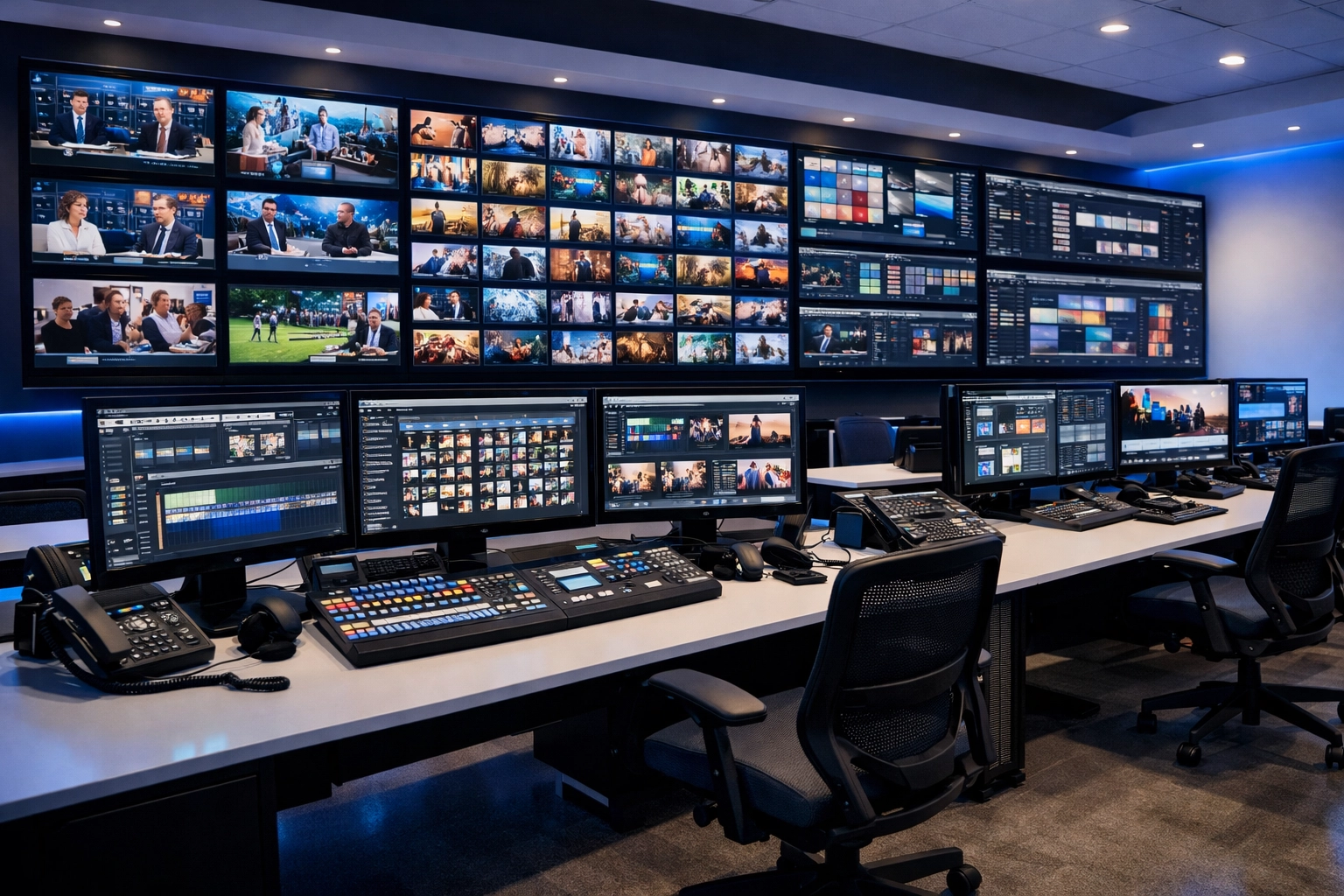 Modern media operations center with organized digital asset management system on multiple monitors