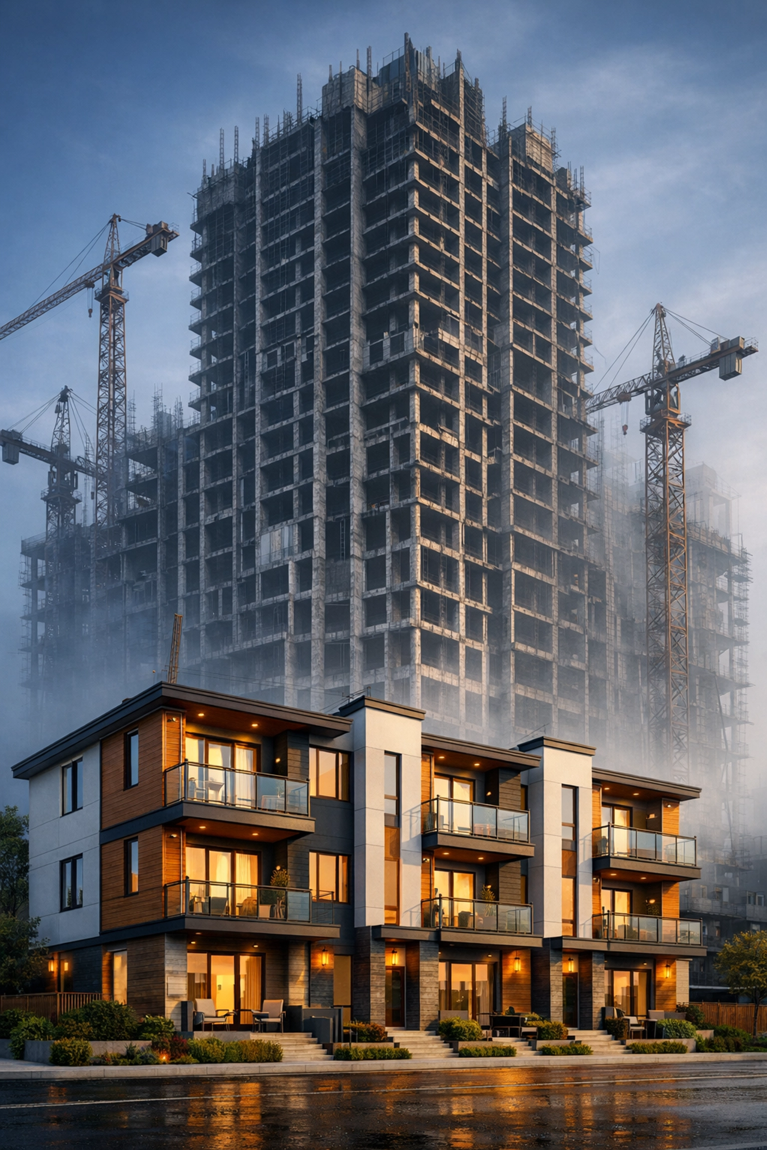 Unfinished condo skyscraper behind a small fourplex, illustrating the gap in large-scale housing supply.