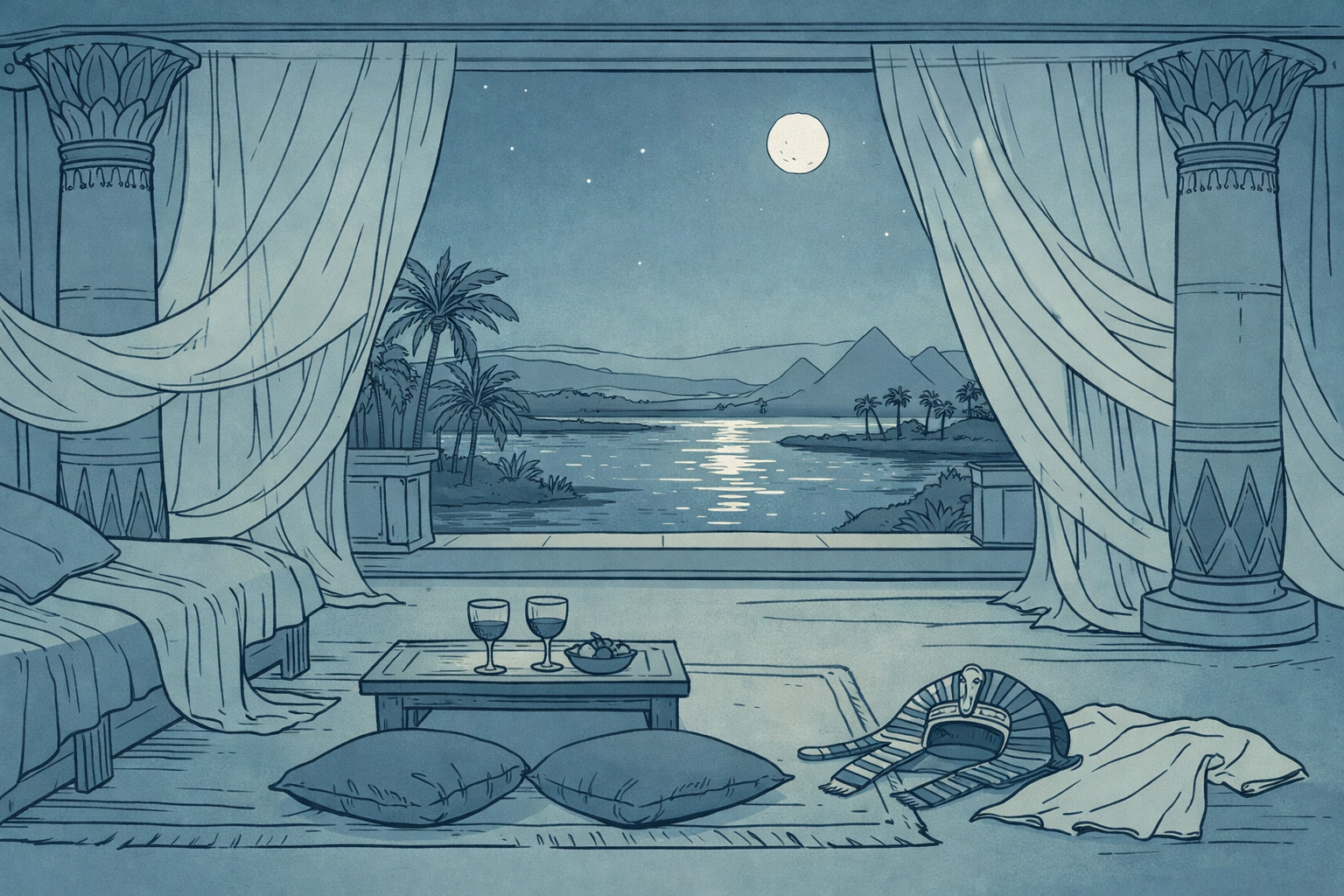 Moonlit ancient Egyptian palace bedroom with intimate details suggesting hidden royal lovers sharing sacred space