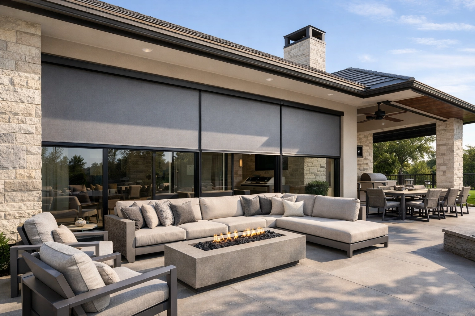 Motorized outdoor shades on luxury Southlake patio with modern furniture