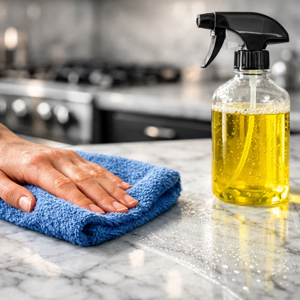 Eco-friendly deep cleaning Worcester on a luxury marble countertop with safe cleaning solutions.