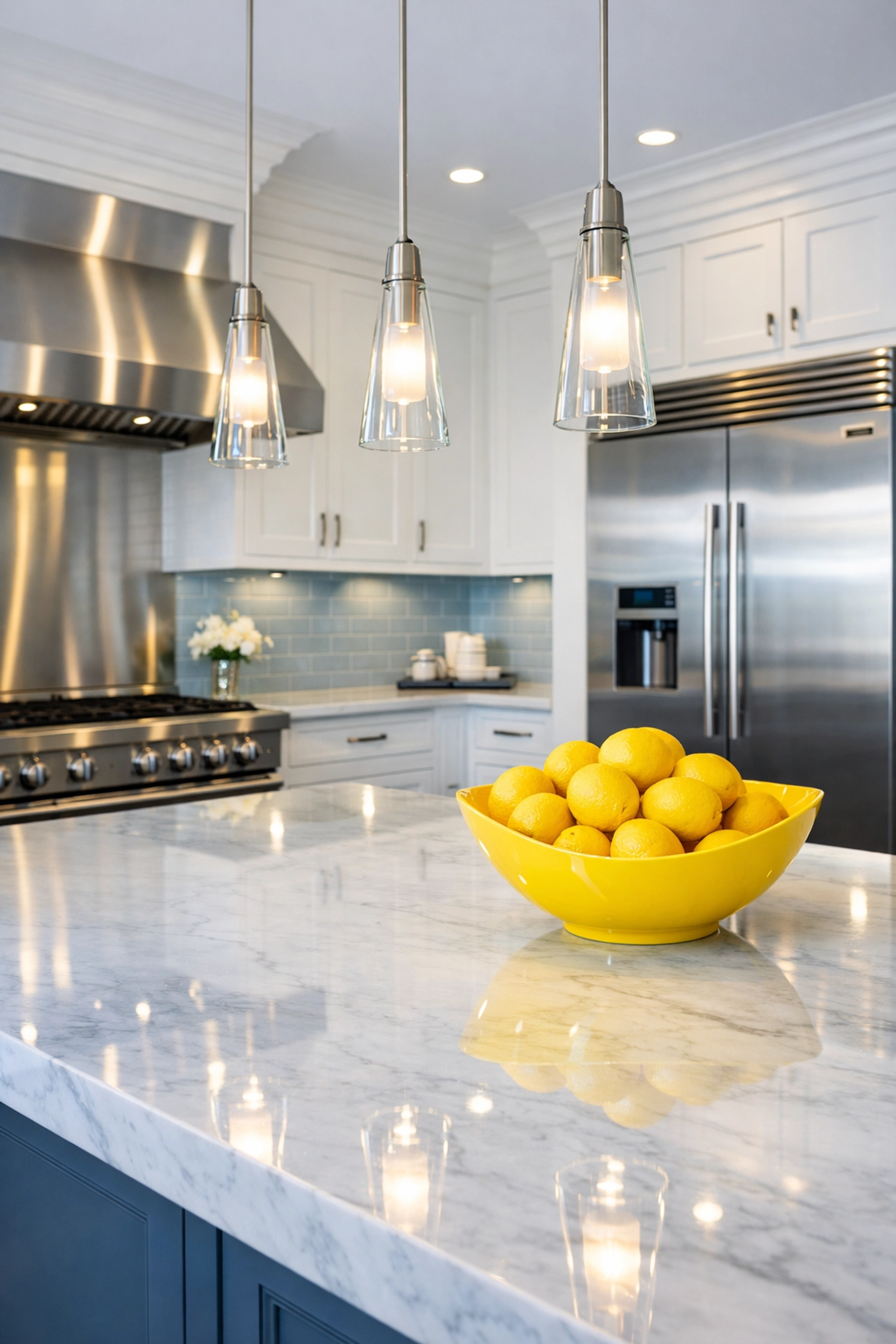 Sparkling clean luxury kitchen island and stainless steel appliances by professional house cleaning services near me.