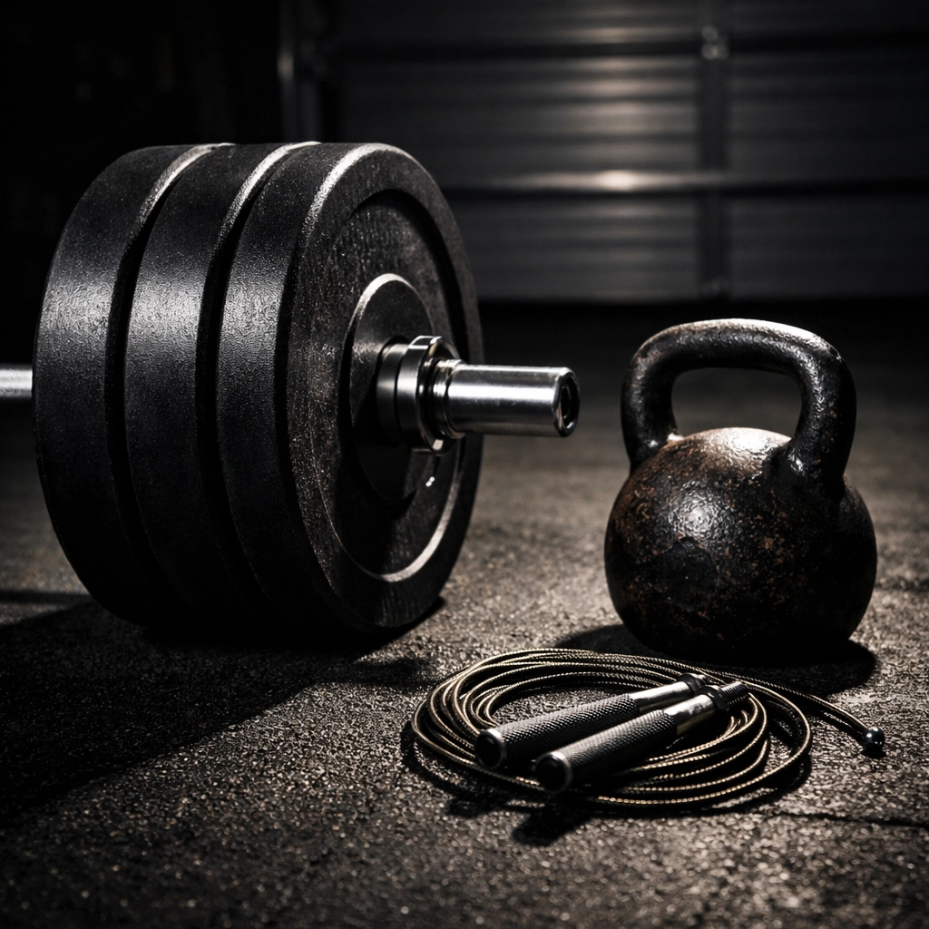 CrossFit home gym equipment featuring a barbell with bumper plates and a kettlebell in a garage.