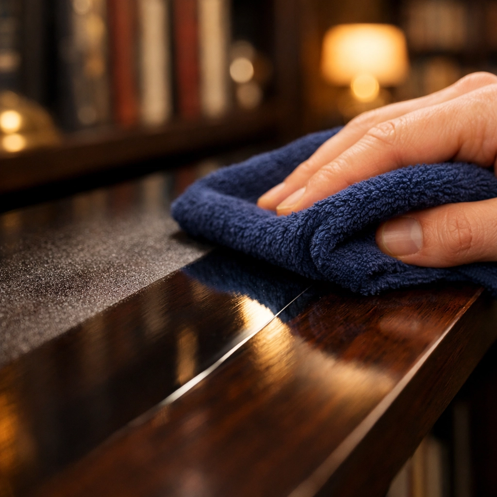 Detailed dusting of a bookshelf using a microfiber cloth for high-quality house cleaning in Newton MA.