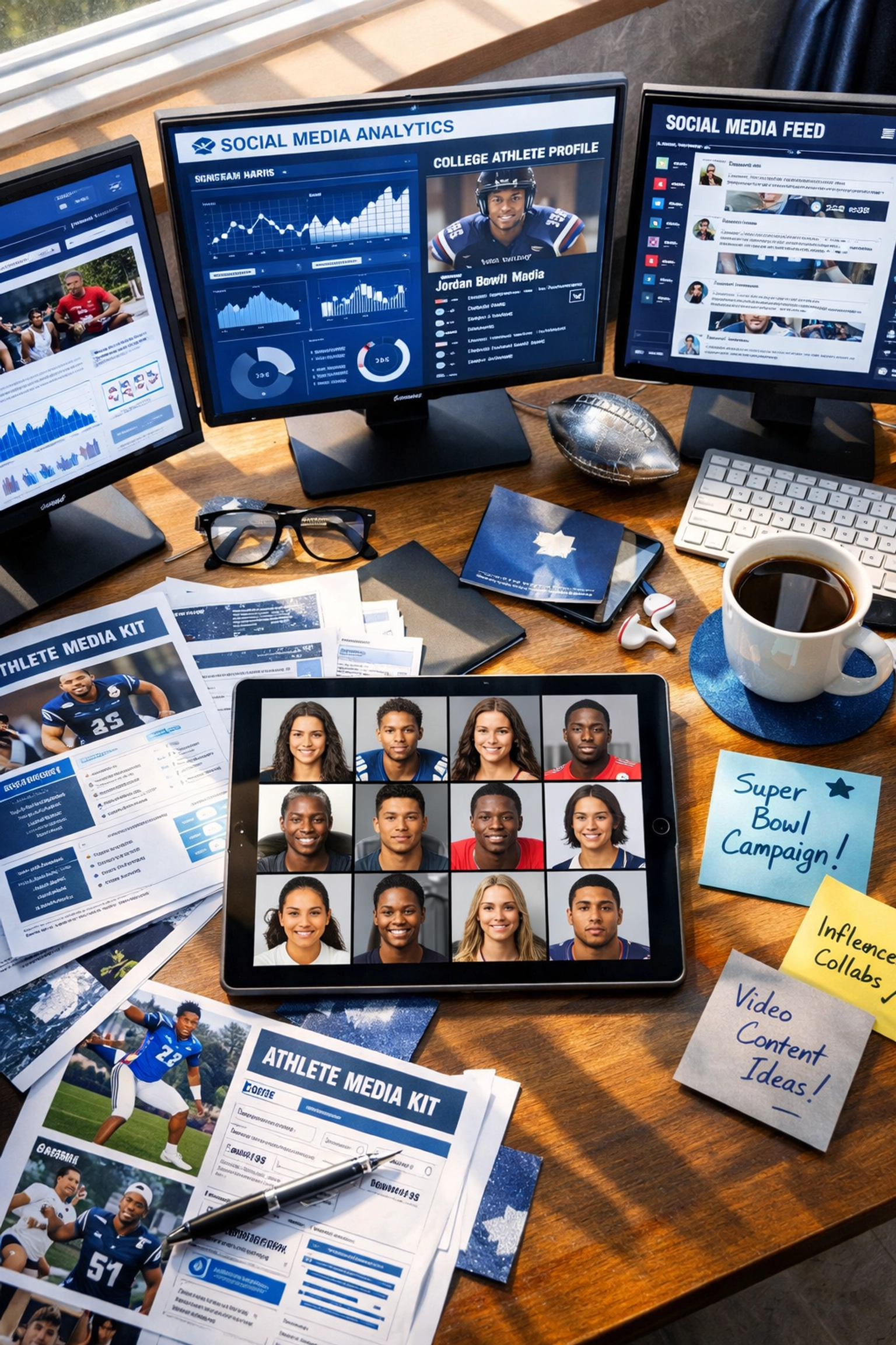 Media planning workspace with monitors displaying Super Bowl NIL campaign analytics and student-athlete profiles