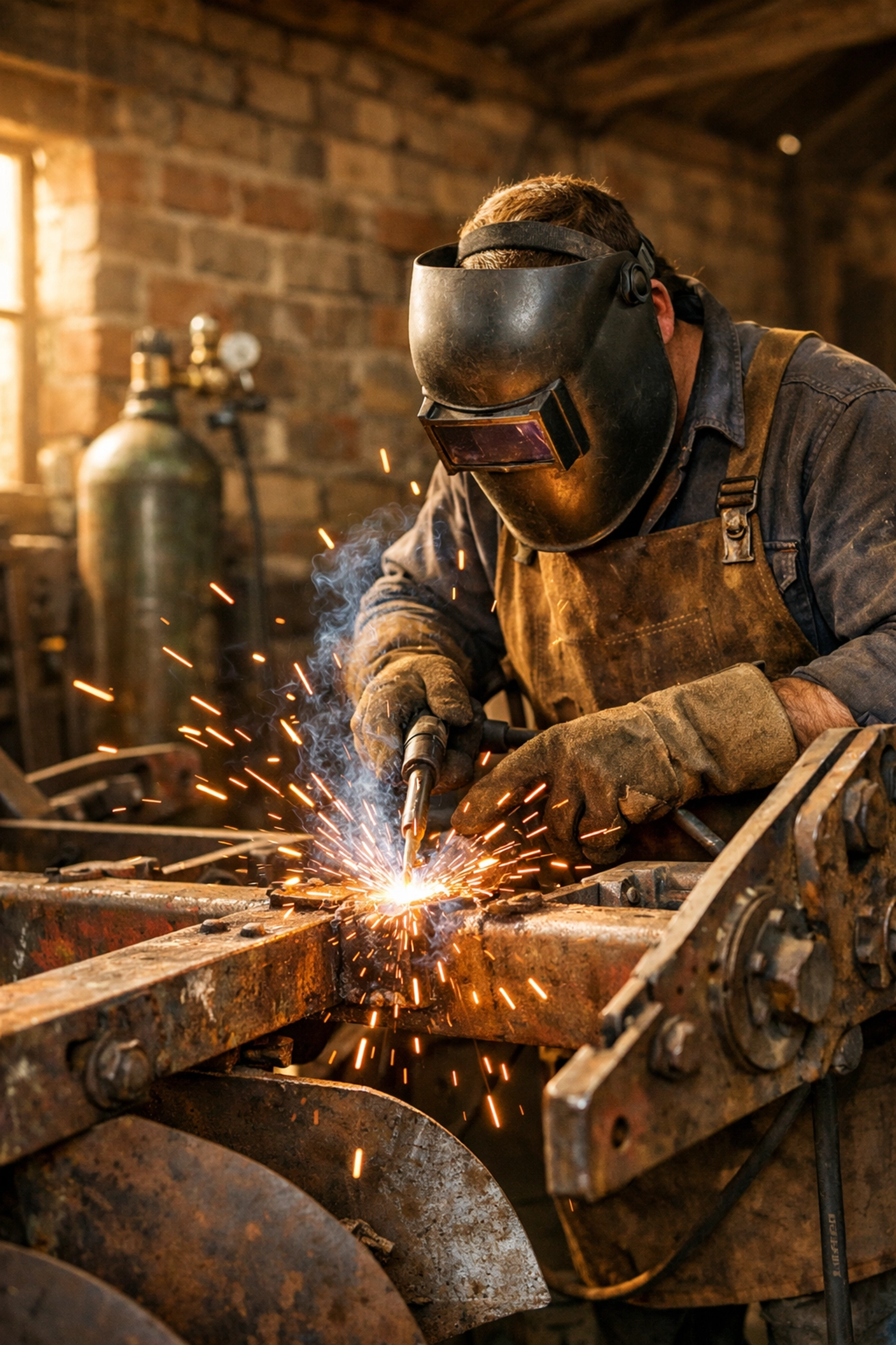 Welder using a CO2 gas bottle for heavy-duty MIG welding on a steel plough in a workshop.