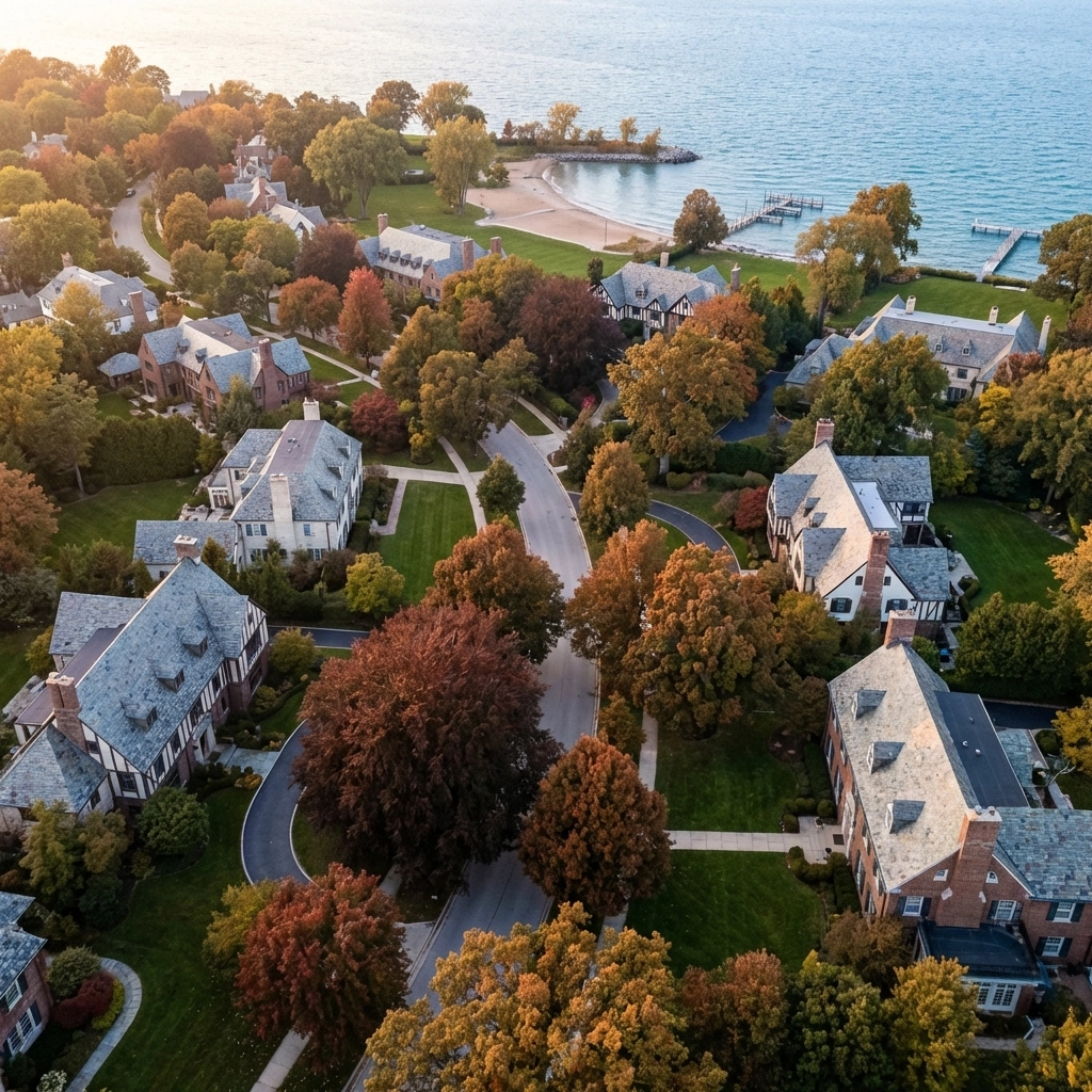 Aerial view of Winnetka showcasing luxury homes, tree-lined streets, and Lake Michigan: ideal North Shore family living.