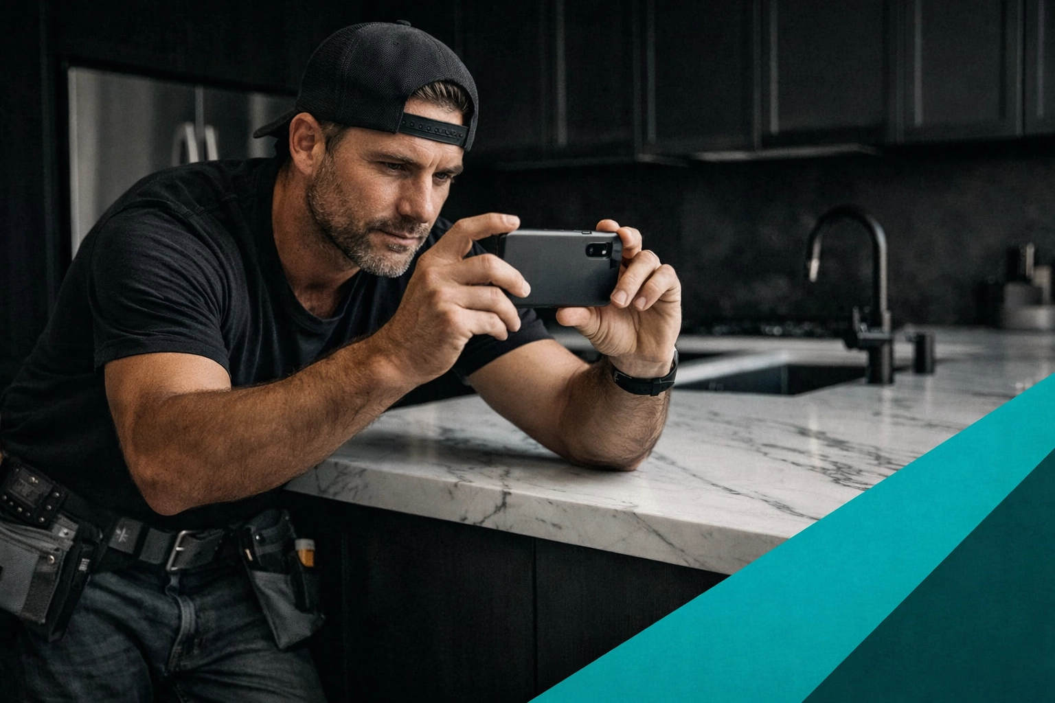Remodeling contractor taking photos of a modern kitchen for a Google Business Profile update.