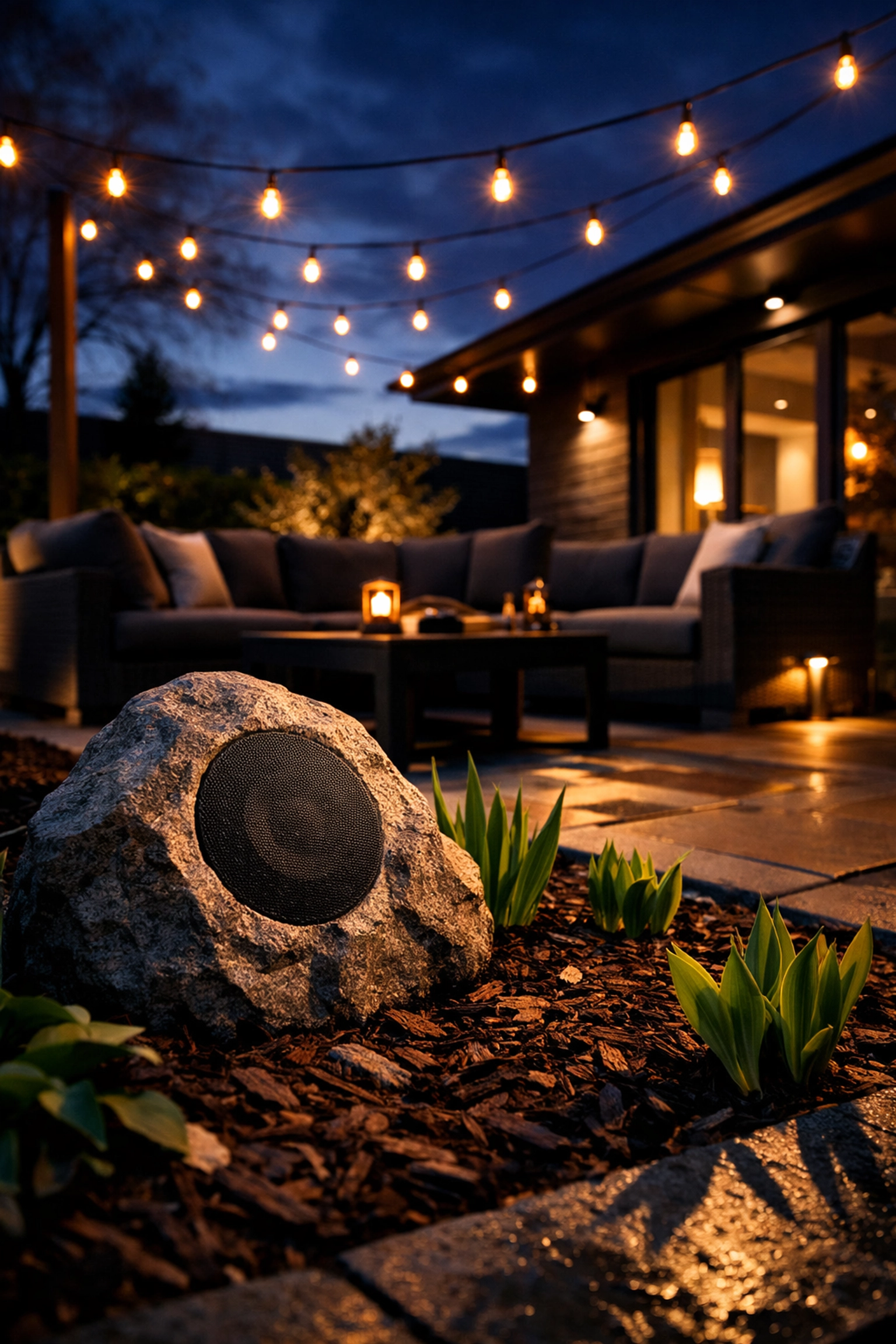 Modern Minneapolis backyard patio with integrated outdoor audio speakers and landscaping