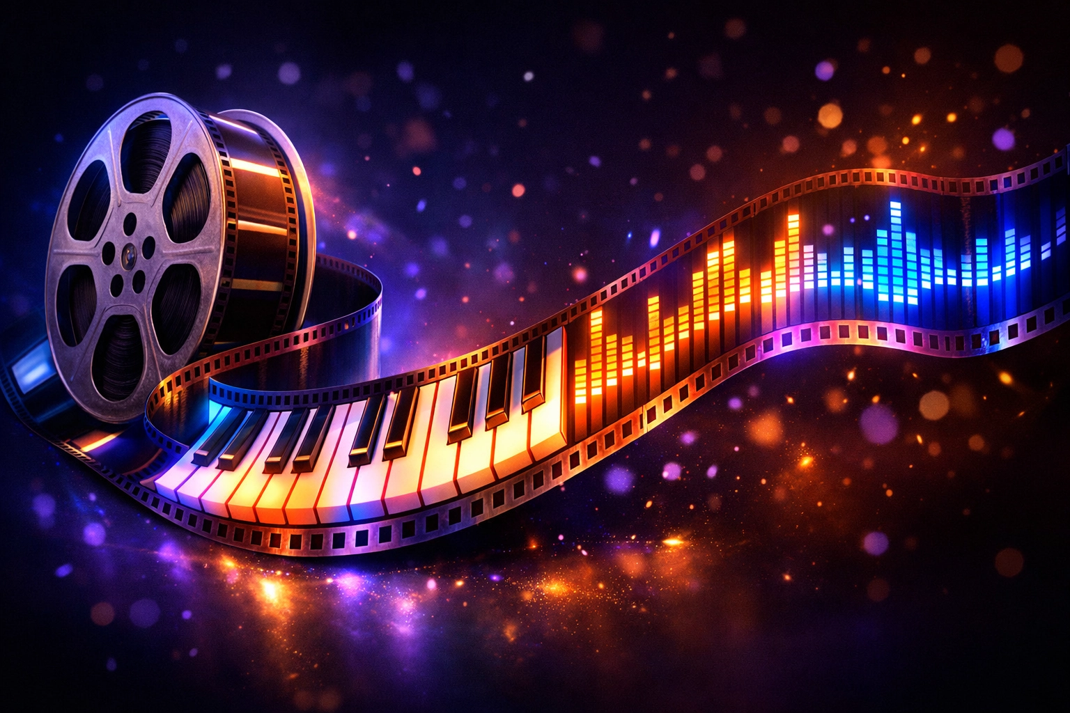 A vintage film reel transitioning into piano keys and audio waves, blending cinema and music culture.