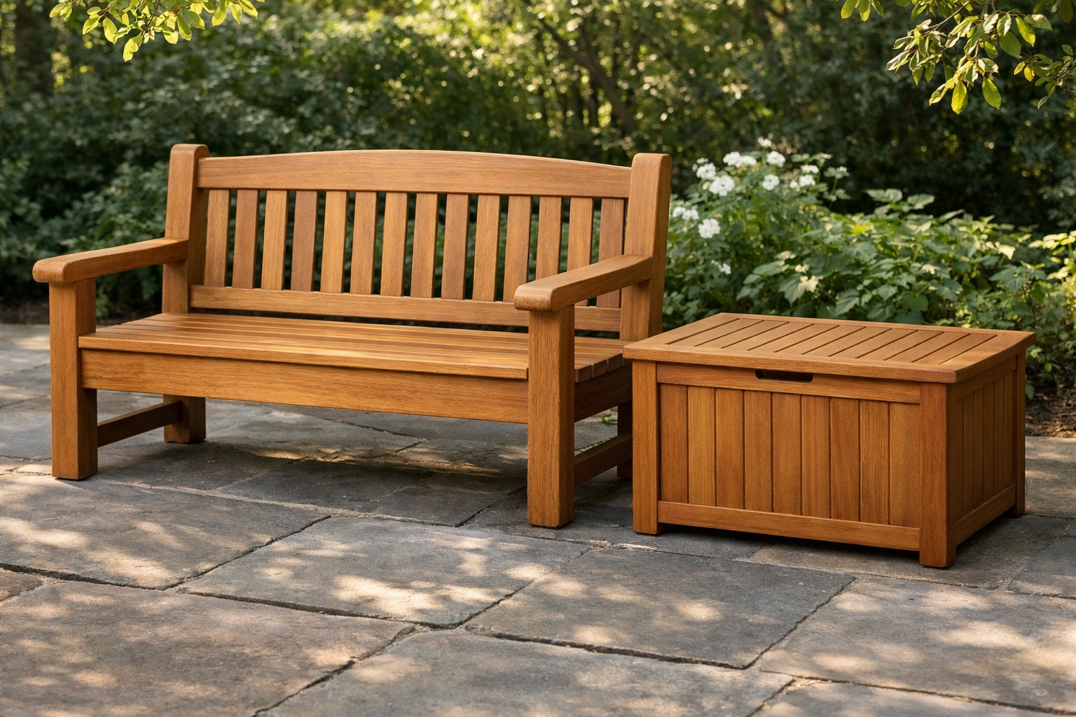 Stable teak garden bench and storage box on a flat patio to reduce lifting and fatigue.