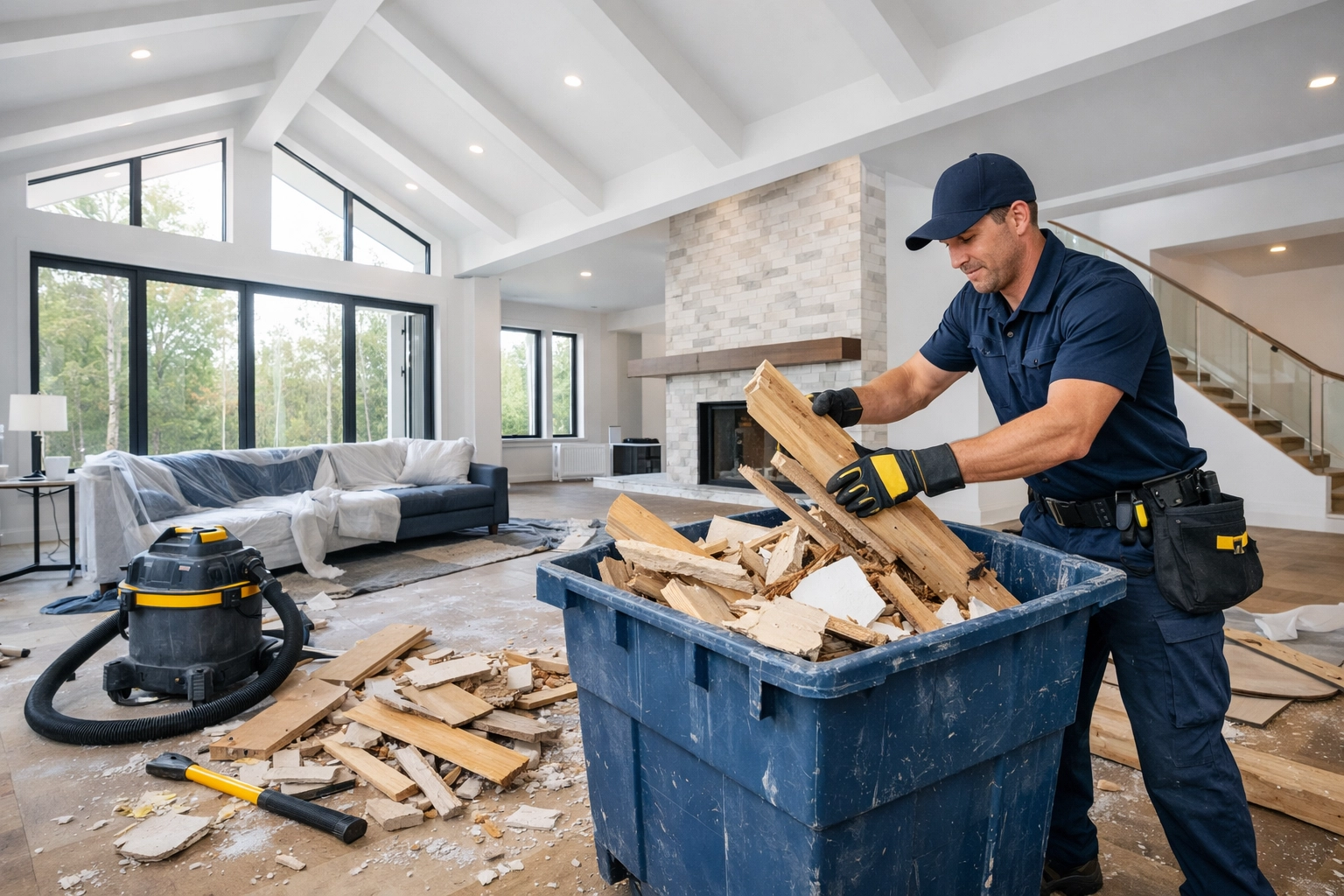 Professional cleaner removing construction debris during the rough cleaning phase in a Massachusetts home.