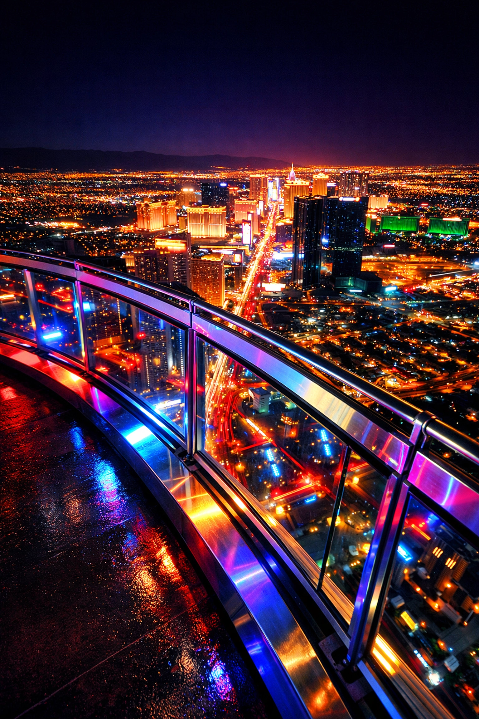View from STRAT observation deck looking down at glowing Las Vegas Strip at night