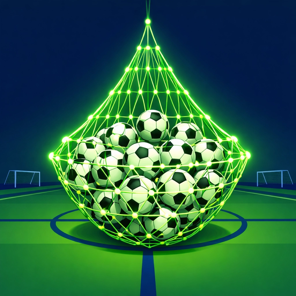A digital net catching footballs on a pitch to illustrate using automated alerts for betting value.