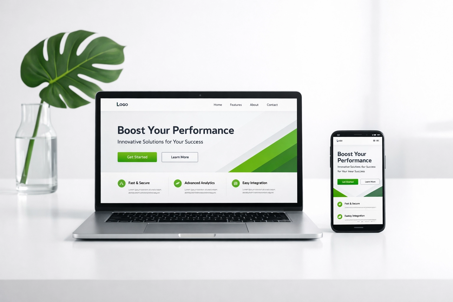 Responsive small business website design on a laptop and smartphone for improved mobile search ranking.