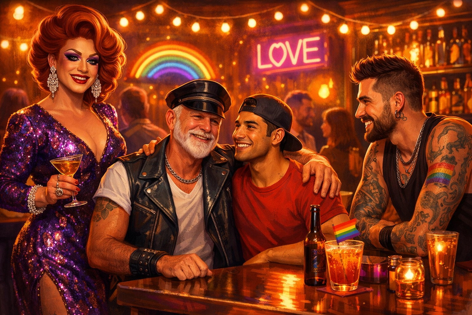 Diverse LGBTQ+ community gathering in bar with drag queen and patrons representing found family