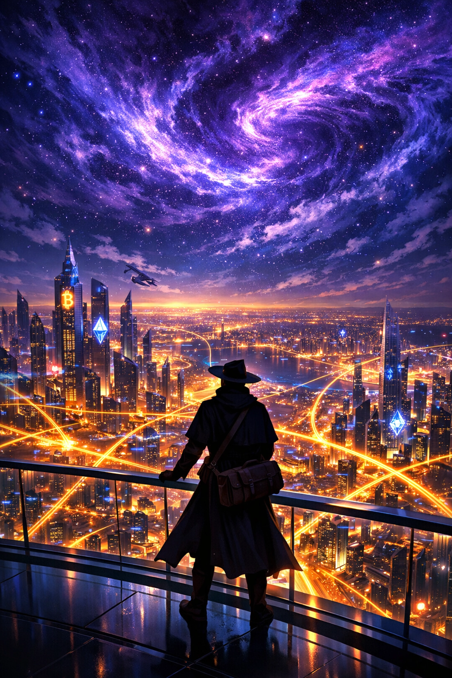 A crypto merchant overlooking a futuristic Web3 metropolis powered by the Larecoin decentralized ecosystem.