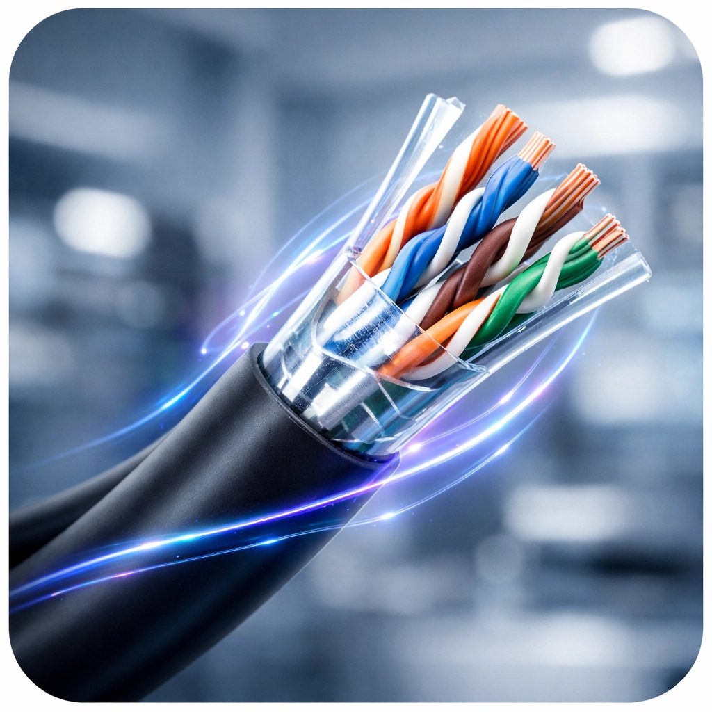 Cat6 cable twisted pair wiring with shielding to reduce electromagnetic interference
