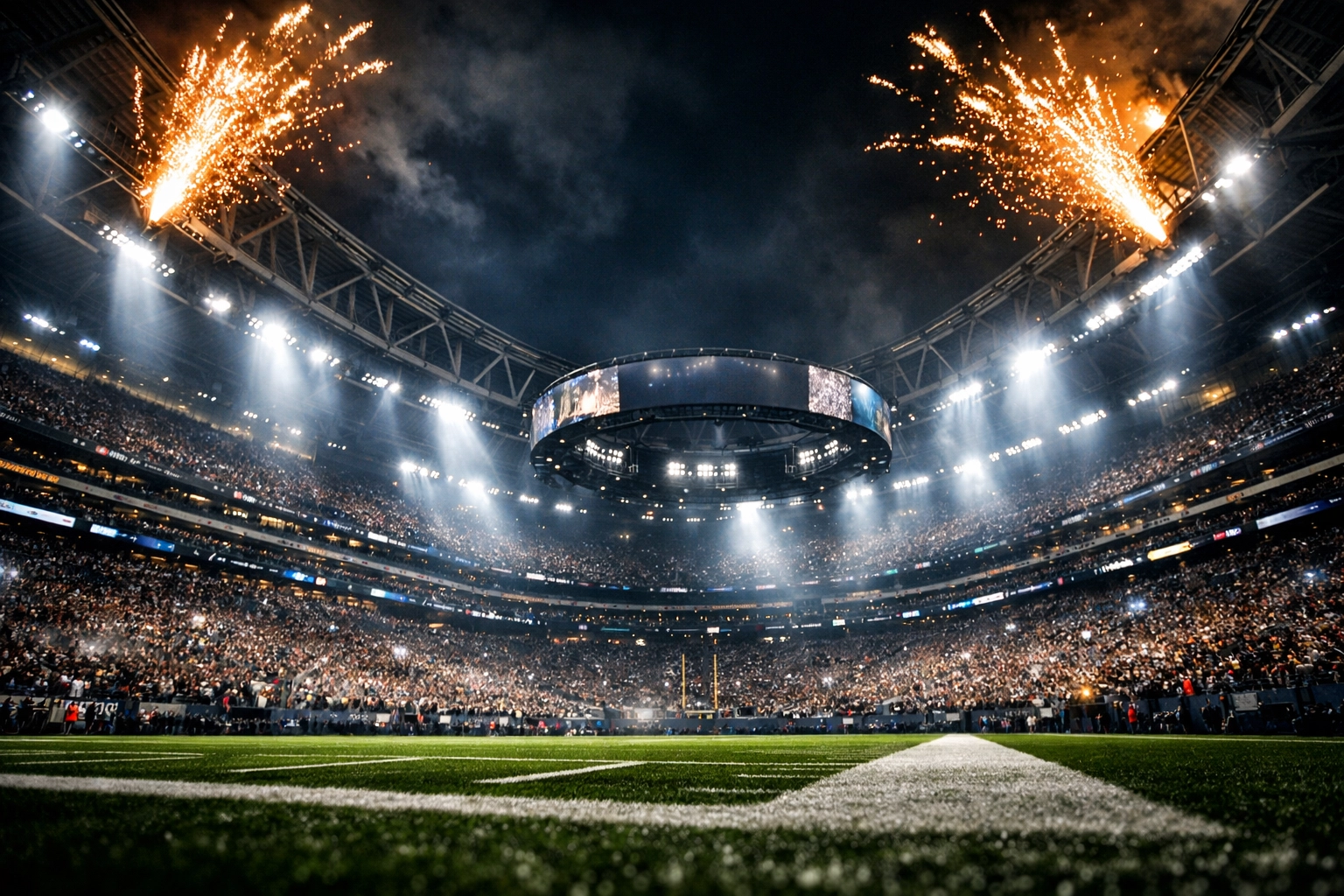 A massive football stadium at night with fireworks, illustrating the grand scale of Super Bowl brand marketing.