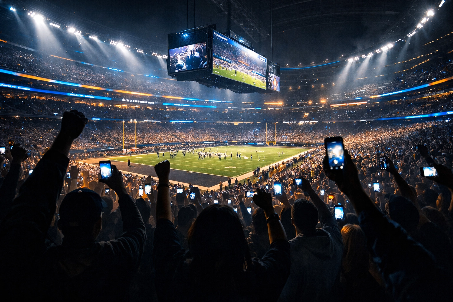 Excited fans in a packed football stadium during Super Bowl 2026 highlighting digital engagement.