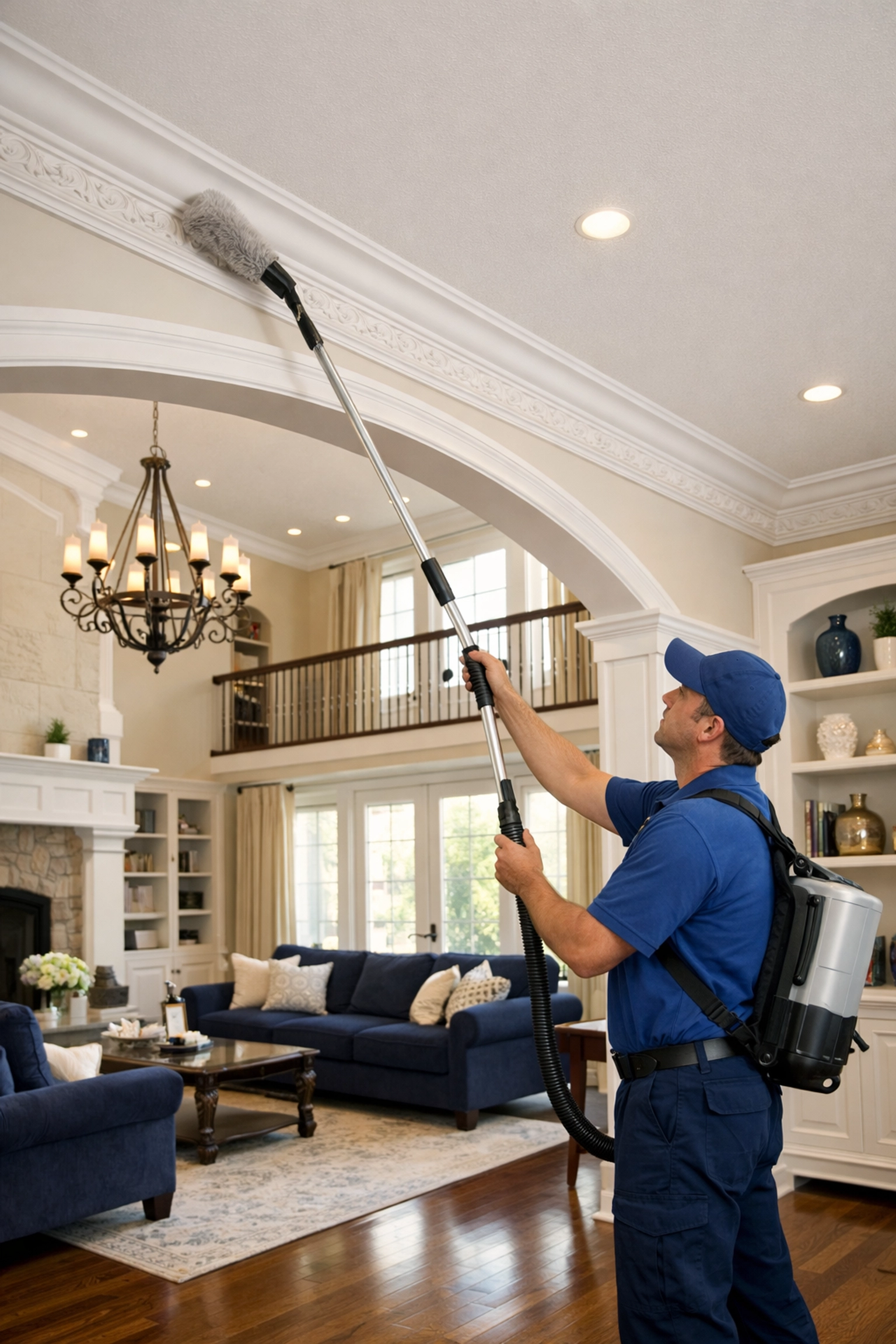 Professional cleaner dusting high ceiling moldings during a detailed deep cleaning in Holliston.