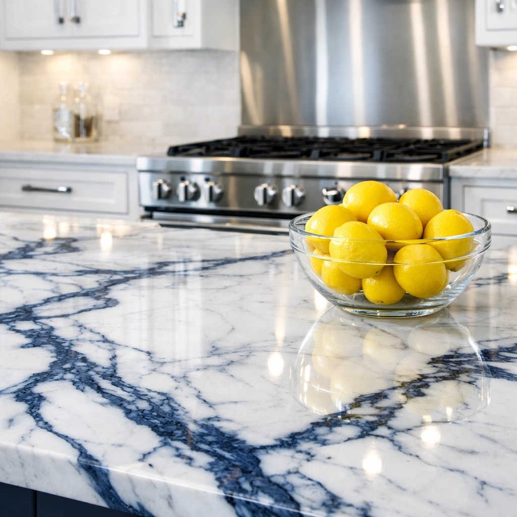 Sparkling marble kitchen island and stainless steel stove after professional weekly house cleaning.