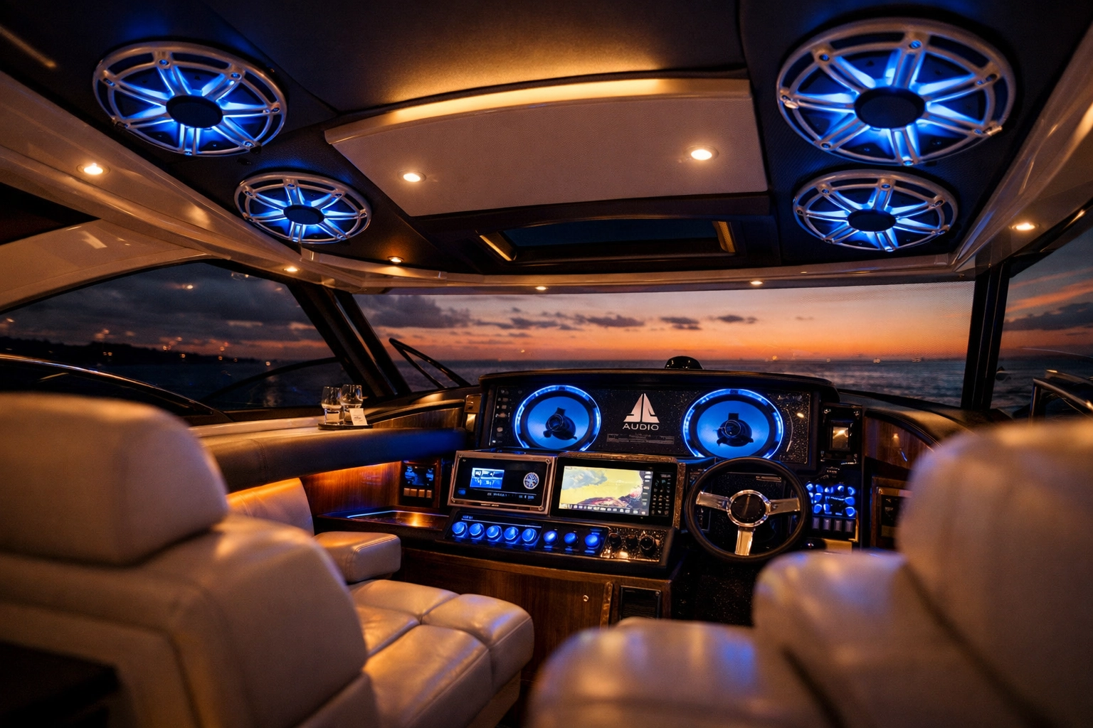 Installed JL Audio marine entertainment system in luxury yacht cockpit with illuminated speakers