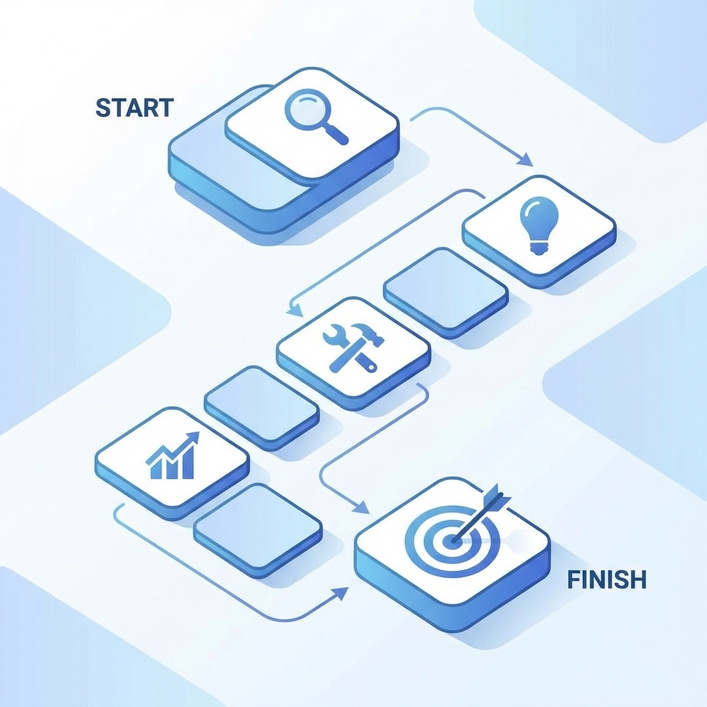 Roadmap with icons symbolizing the SEO process, guiding actionable steps for business success