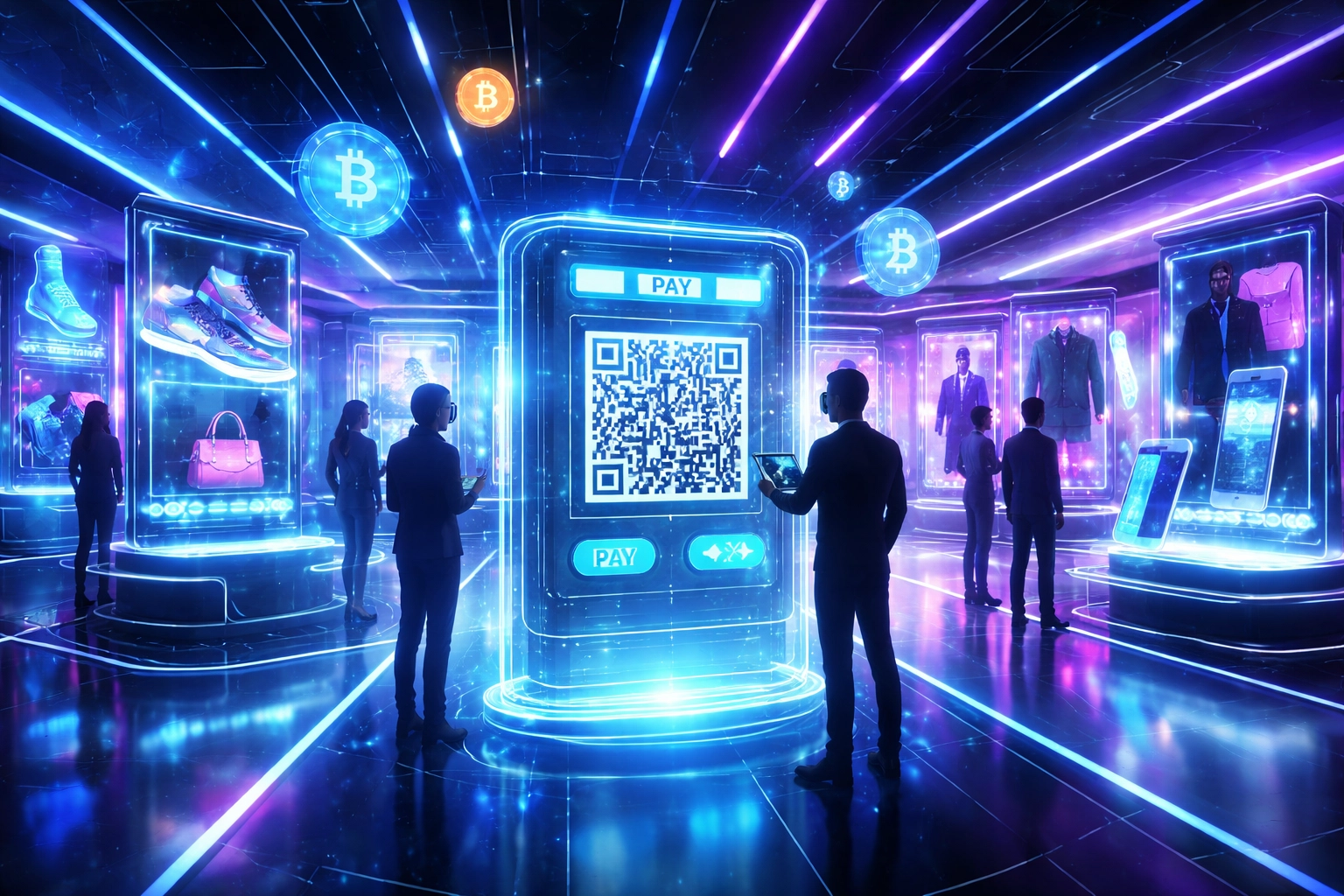 VR shopping in a futuristic metaverse showroom with digital products, avatars, and crypto payments for B2B2C commerce
