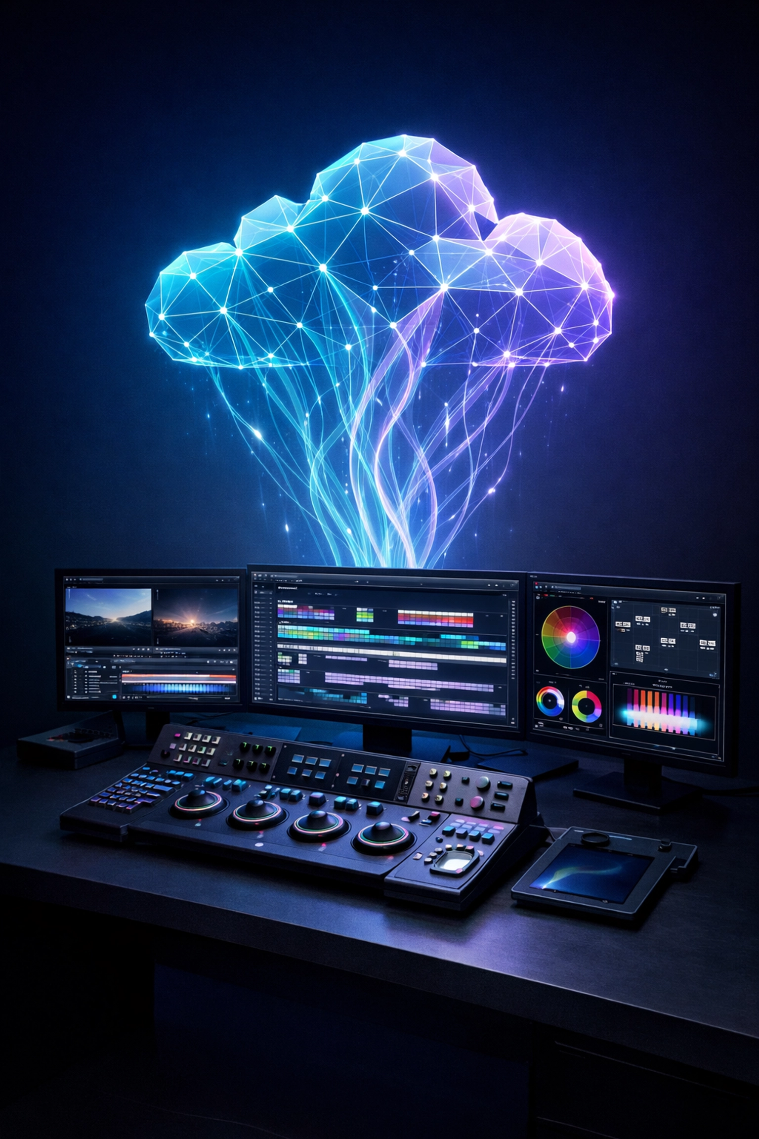 Modern video editing suite showing hybrid cloud connectivity for media workflow automation.
